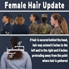 The Air Force revises Air Force Instruction 36-2903 to address differences in hair density and texture June 25, 2021. When hair is secured behind the head, the hair may extend six inches to the left and to the right and six inches protruding from the point where the hair is gathered. The 12-inch total width must allow for proper wear of headgear. (U.S. Air Force graphic)