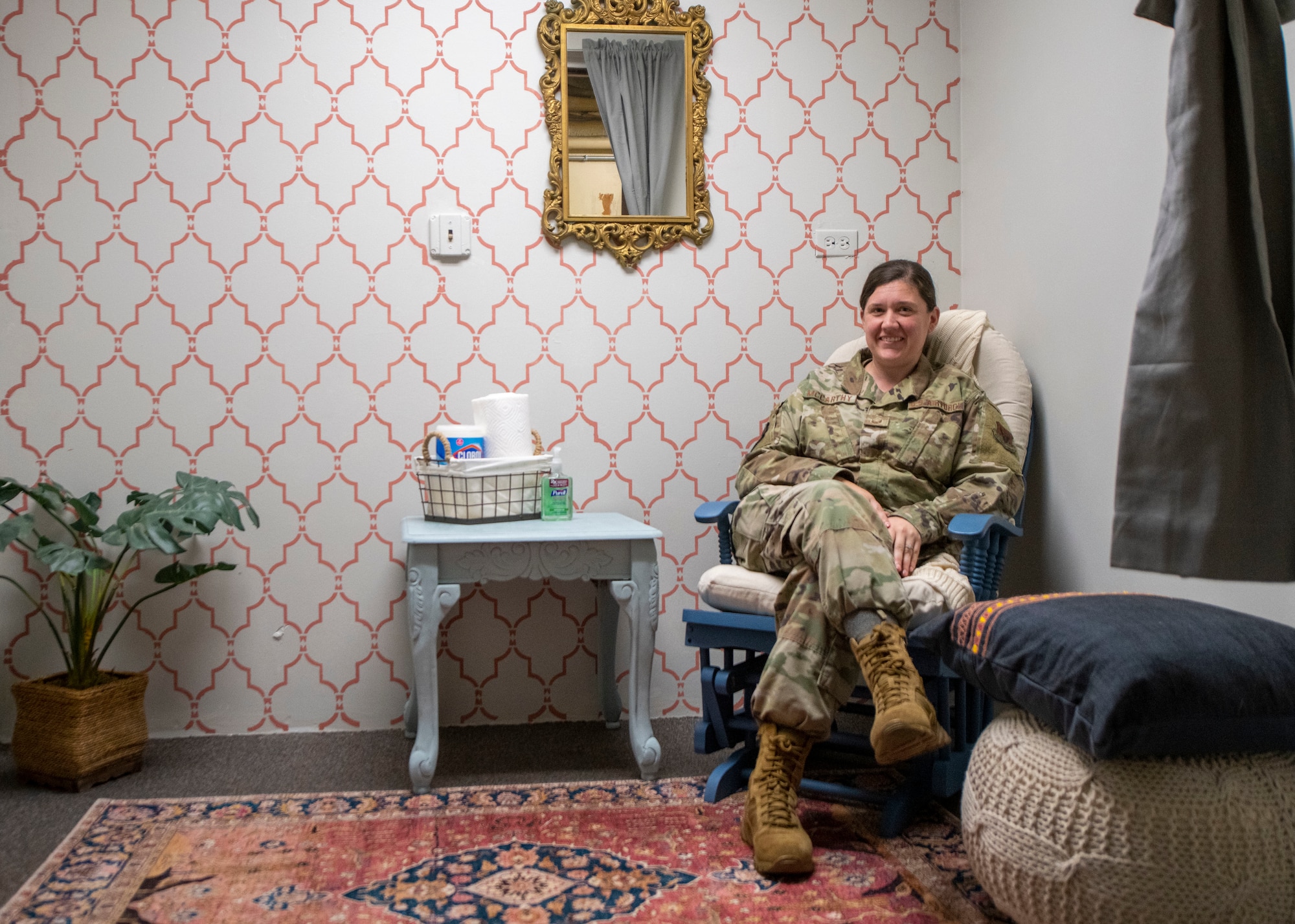Master Sgt. Ashley McCarthy, 4th Logistics Readiness Squadron vehicle management superintendent, sits in a lactation room located inside the vehicle maintenance building on Seymour Johnson Air Force Base, North Carolina, June 7, 2021.