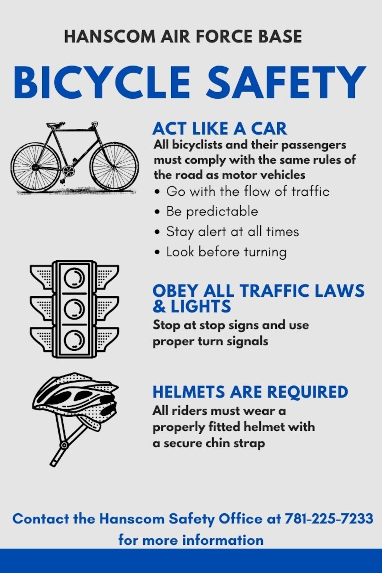 All bicyclists at Hanscom Air Force Base, Mass., must comply with all guidance and regulations for vehicle operations as well adhere to all posted road signs. (U.S. Air Force graphic by Lauren Russell)