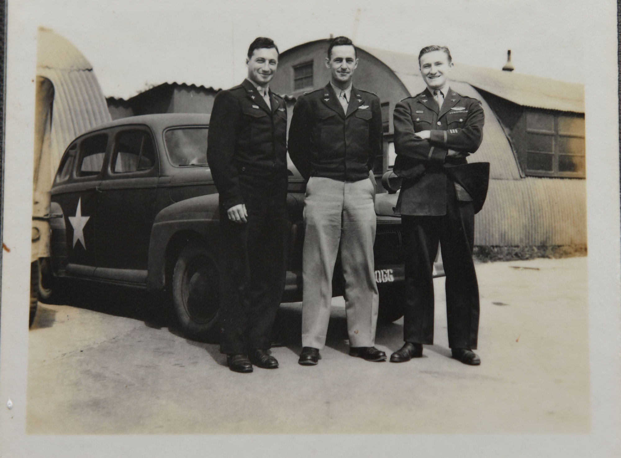 A photo of Lt. Col. Robert “Rosie” Rosenthal, left, Col. Frederick Sutterlin, center, and Maj. Harry Crosby, all 418th Bomb Squadron, 100th Bombardment Group officers during World War II, graces the wall of the control tower at Thorpe Abbotts, Diss, England, June 9, 2021. Rosie’s son Dan, and grandson Sam, visited the 100th Bomb Group Memorial Museum June 9, 2021, during a visit to England for the dedication and unveiling of nose art – “Rosie’s Riveters” – which honors Rosie Rosenthal at Royal Air Force Mildenhall. (Courtesy photo from 100th Bomb Group Memorial Museum)