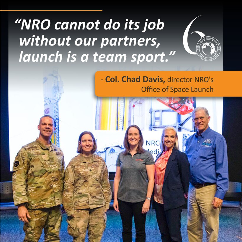 L-R: Col. Chad Davis, director of NRO’s Office of Space Launch; Lt. Col. Ryan Rose, Chief Small Launch and Targets Division for U.S. Space Force, Space and Missile Systems Center’s Launch Enterprise; Kelly Fitzpatrick, Senior Guidance, Navigation and Control Engineer on the Minotaur program at Northrop Grumman; Shannon Fitzpatrick, Chief of the Range and Mission Operations at NASA Wallops; and Dale Nash, CEO and Executive Director of Virginia Space.