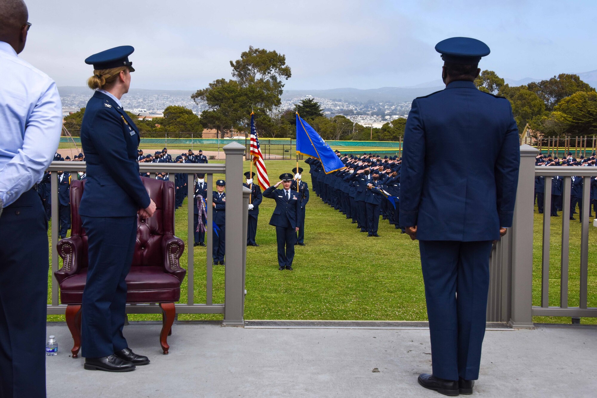 Members of the 311th Training Squadron salute their incoming commander, U.S. Air Force Lt. Col. William Taylor, at the change of command ceremony at Soldier Field, Presidio of Monterey, California, June 4, 2021.  Taylor was previously the commander of Detachment 3 at Ramstein Air Base in Germany. (Photo courtesy of Natela Cutter)