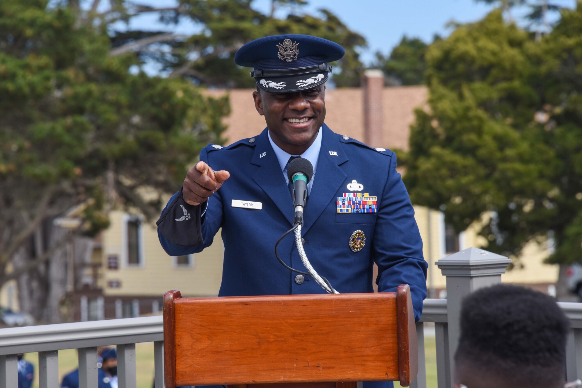 U.S. Air Force Lt. Col. William Taylor, incoming commander of the 311th Training Squadron at the Presidio of Monterey, speaks during the change of command ceremony at Soldier Field, Presidio of Monterey, California, June 4, 2021. The 311th Training Squadron develops world class language enabled warrior Airmen. (Photo courtesy of Natela Cutter)