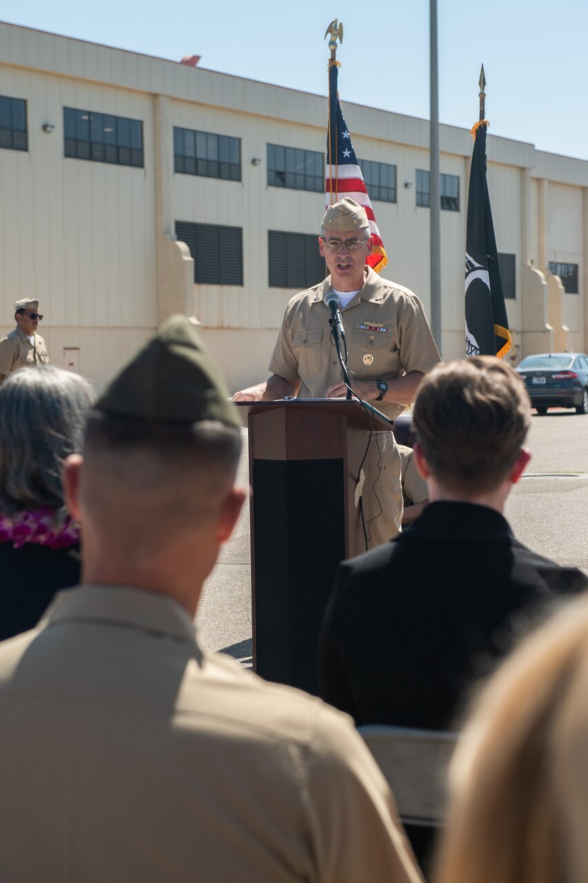 NAVAL AIR STATION NORTH ISLAND (June 11, 2021) Rear Adm. James Kirk, commander, Carrier Strike Group (CSG) 15, delivers remarks during CSG 15's change of command ceremony. (U.S. Navy photo by Mass Communication Specialist 2nd Class James Hong)