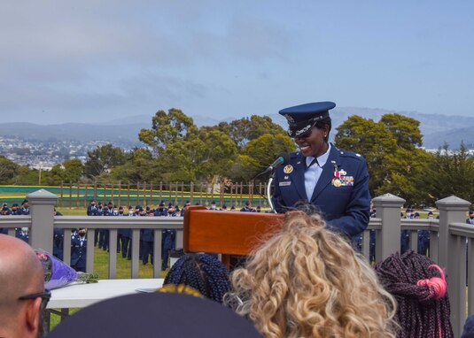U.S. Air Force Lt. Col. Nicci Rucker, outgoing 311th Training Squadron commander, speaks during the change of command ceremony at Soldier Field, Presidio of Monterey, California, June 4, 2021. Rucker has taken a position at the Pentagon in Washington, D.C. (Photo courtesy of Natela Cutter)