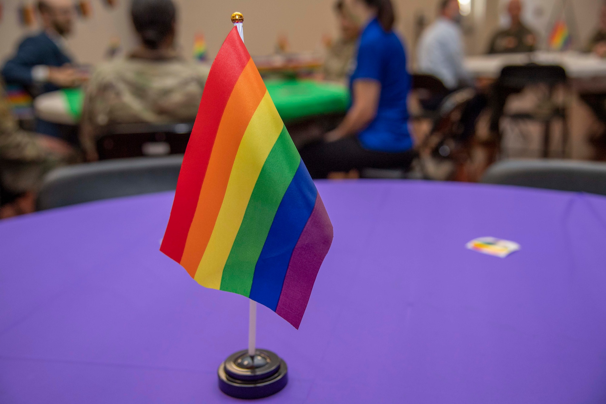 A Rainbow Pride flag is displayed at an LGBTQ+ Pride Month luncheon at MacDill Air Force Base, Florida, June 10, 2021.