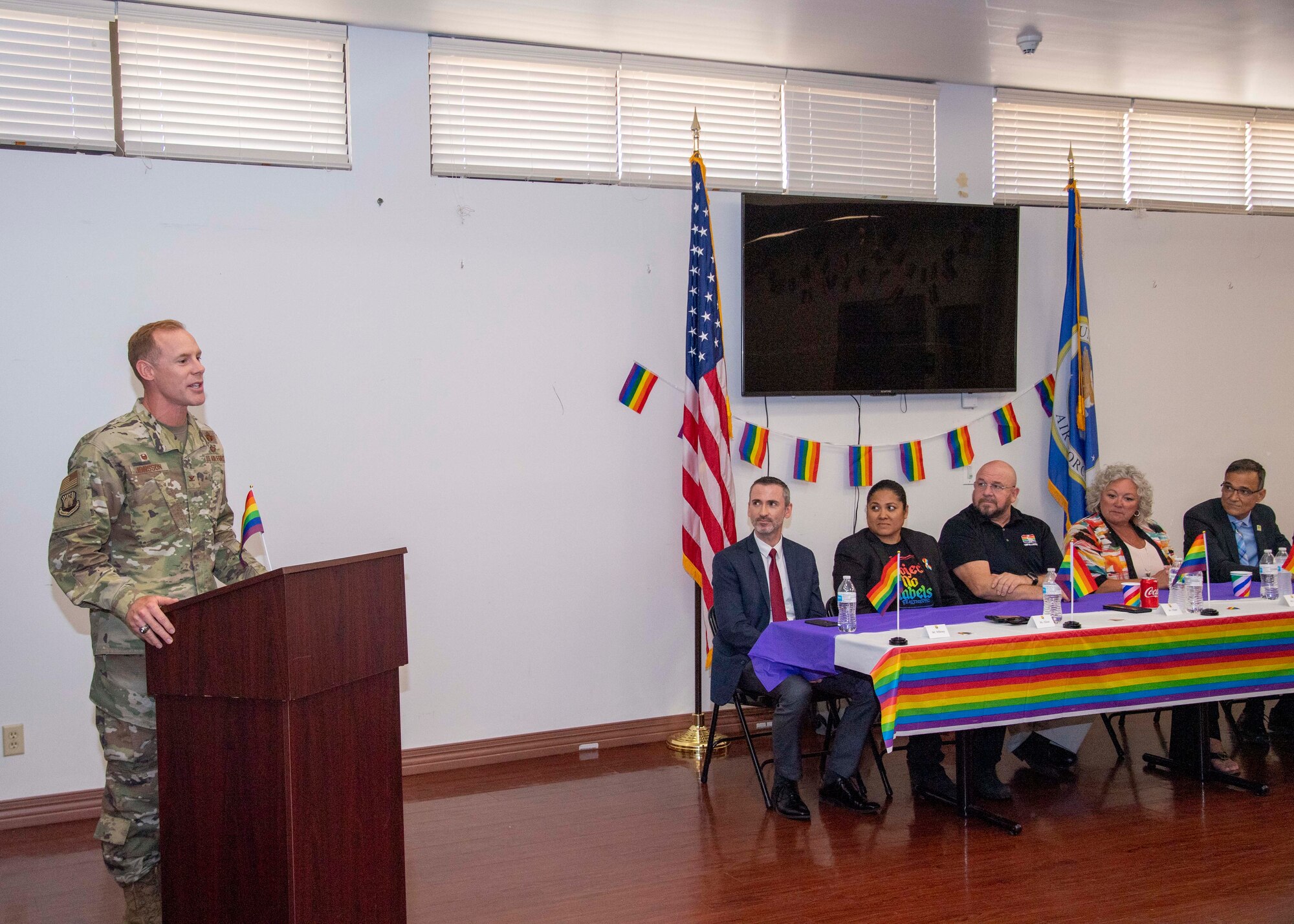 U.S. Air Force Col. Benjamin Jonsson, 6th Air Refueling Wing commander, delivers opening remarks at an LGBTQ+ Pride Month luncheon at MacDill Air Force Base, Florida, June 10, 2021.
