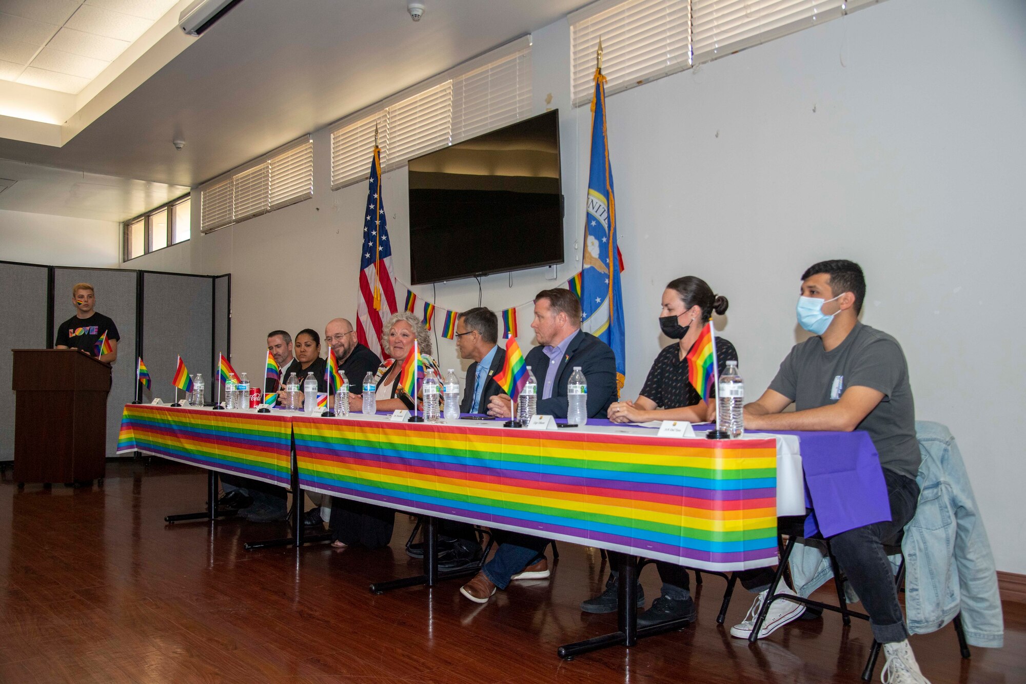 Discussion panel members are introduced at an LGBTQ+ Pride Month luncheon at MacDill Air Force Base, Florida, June 10, 2021.