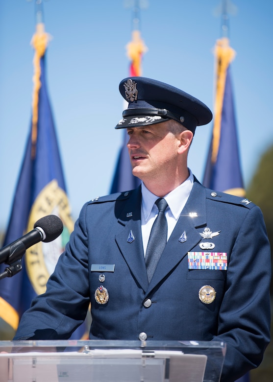 Col. Robert A. Long, Space Launch Delta 30 commander, addresses Team Vandenberg during a change of command ceremony on June 11, 2021, Vandenberg Space Force Base, Calif. As the new commander of SLD 30, Long will command spacelift and range operations in support of national and combatant commander requirements, and support operational and developmental missile system testing for the Department of Defense. (U.S. Space Force photo by Senior Airman Hanah Abercrombie)