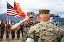 U.S. Marine Corps Sgt. Maj. Joseph Sorgie salutes during a Marine Light Attack Helicopter Squadron 367 relief and appointment ceremony, Marine Corps Air Station Kaneohe Bay, Marine Corps Base Hawaii, June 3, 2021. Sorgie relinquished command to Sgt. Maj. John Schlaud. (U.S. Marine Corps photo by Lance Cpl. Samantha Sanchez)