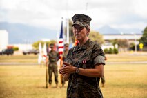 U.S. Marine Corps Lt. Col. Carrie C. Batson, outgoing commanding officer, Headquarters Battalion, Marine Corps Base Hawaii, speaks to the audience during the HQBN change of command ceremony, June 10, 2021. Batson relinquished command to Lt. Col. Stephen M. McNeil. (U.S. Marine Corps photo by Lance Cpl. Samantha Sanchez)