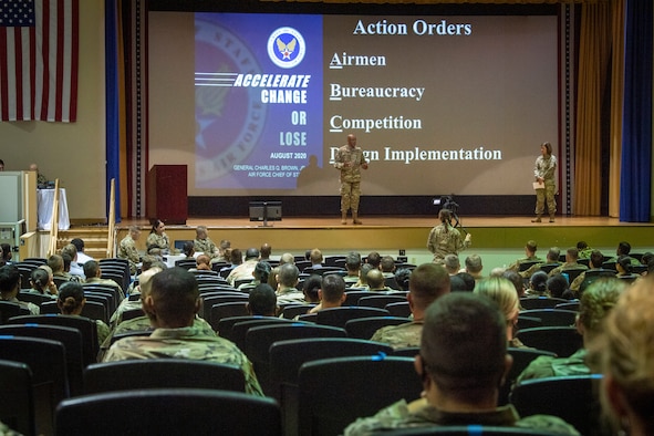 Chief of Staff of the Air Force, Gen. Charles Q. Brown Jr. and Chief Master Sgt. of the Air Force JoAnne S. Bass speak during an all call at MacDill Air Force Base, June 11, 2021.