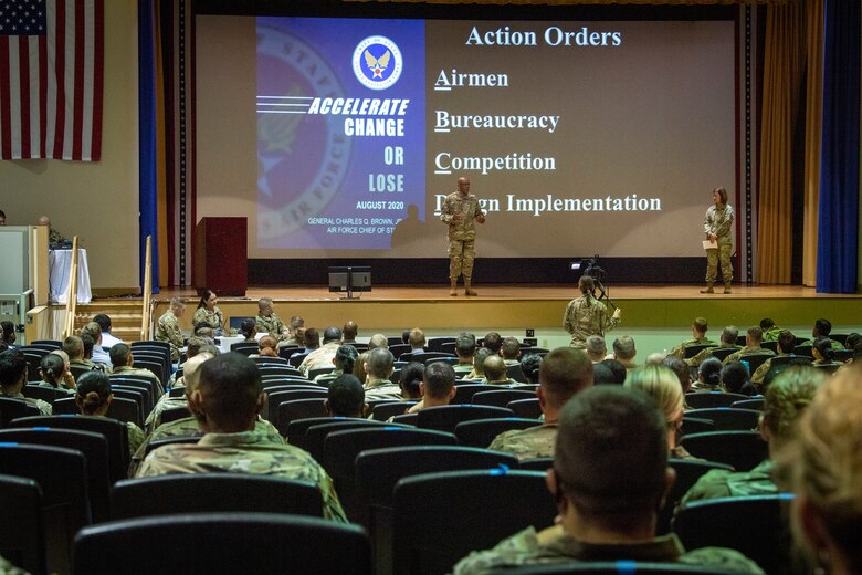 Chief of Staff of the Air Force, Gen. Charles Q. Brown Jr. and Chief Master Sgt. of the Air Force JoAnne S. Bass speak during an all call at MacDill Air Force Base, June 11, 2021.