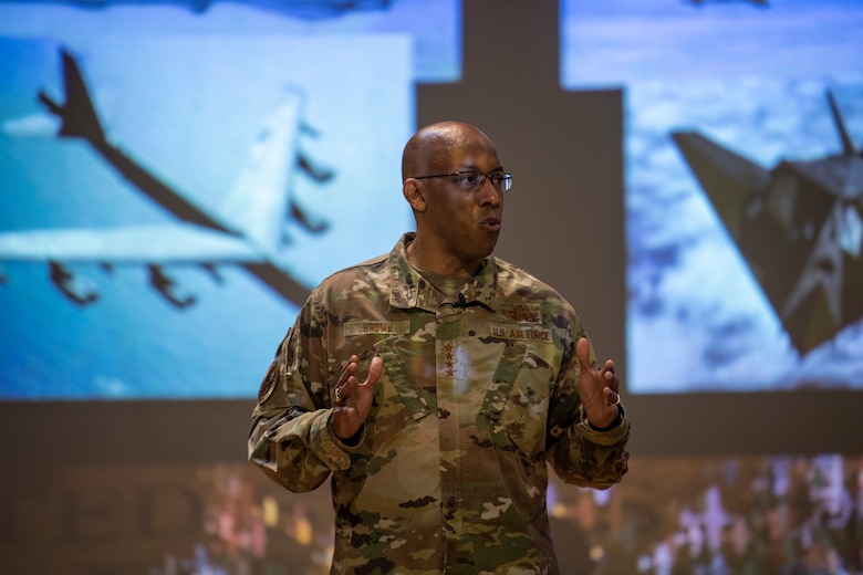 Chief of Staff of the Air Force, Gen. Charles Q. Brown Jr. addresses Team MacDill during an all call at MacDill Air Force Base, June 11, 2021.