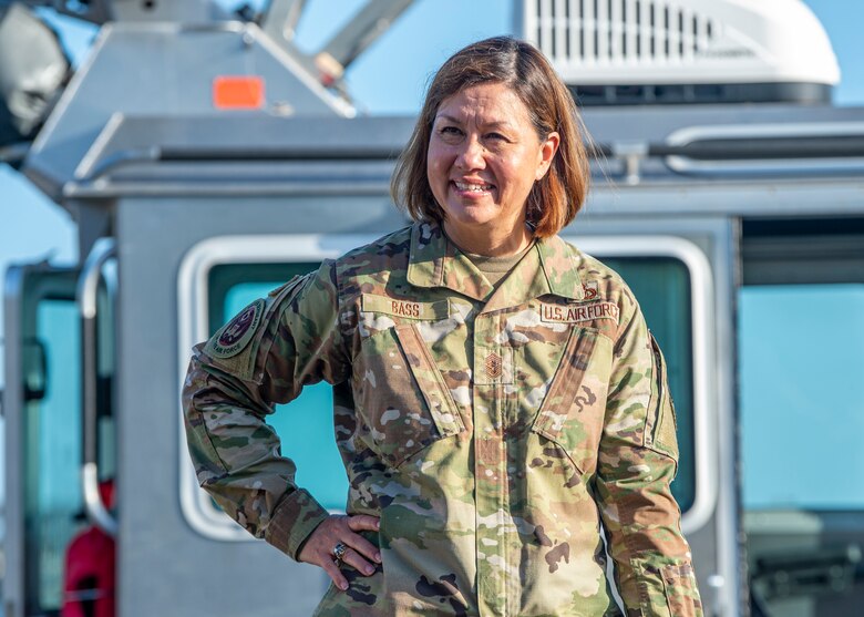 Chief Master Sgt. of the Air Force JoAnne S. Bass answers questions from members of the 6th Security Forces Squadron (SFS) at MacDill Air Force Base, June 10, 2021.