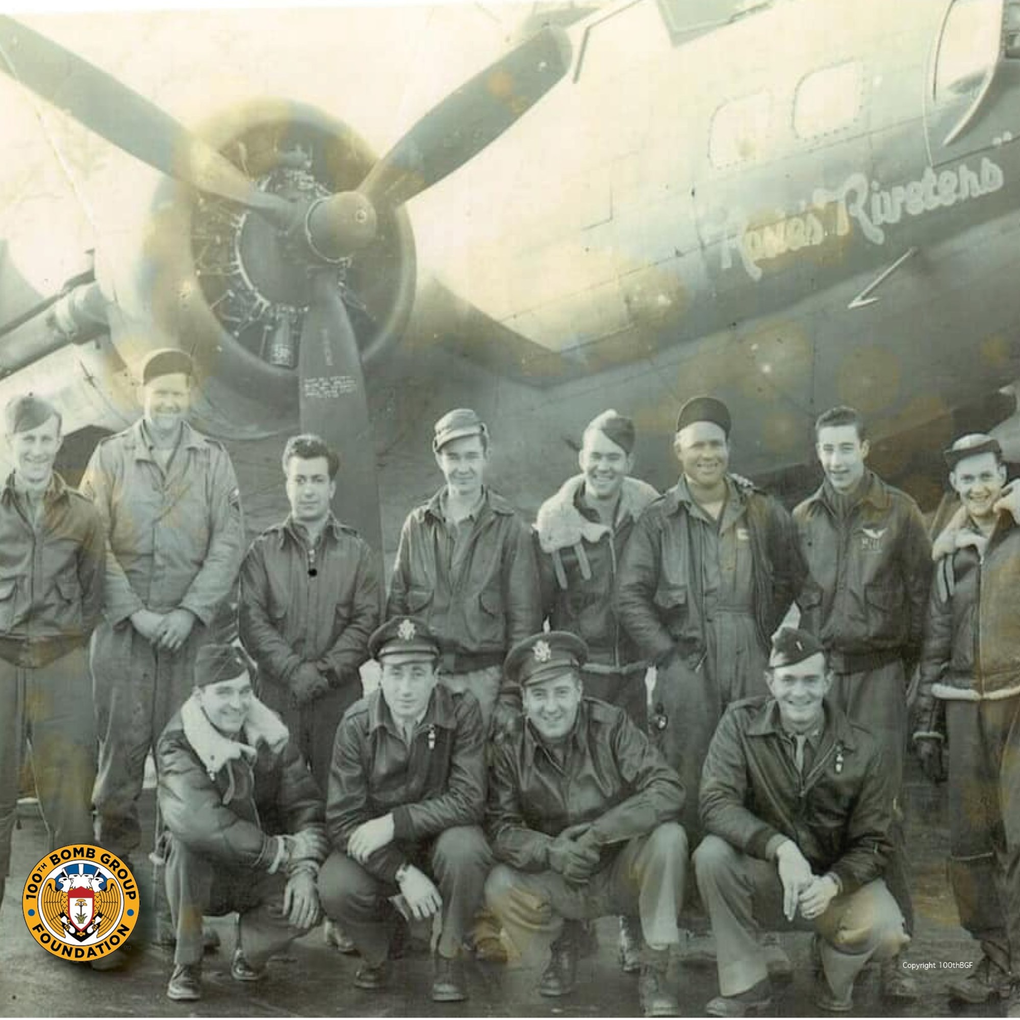 U.S. Army Air Forces Lt. Col. Robert “Rosie” Rosenthal, kneeling, second left, and his air and ground crew pose for a photo in 1944, at Thorpe Abbotts, Diss, England, in front of the original “Rosie’s Riveters” B-17 Flying Fortress. Rosie, a legendary pilot during World War II, led every one of the 52 missions he flew from Thorpe Abbotts. One of the 100th Air Refueling Wing’s KC-135 Stratotanker aircraft, tail number 58-0089, was renamed Rosie’s Riveters June 10, 2021, in Rosenthal’s honor. The jet is being “adopted” by the 100th Maintenance Group as a way to reconnect Airmen with 100th BG history. (Photo courtesy of the 100th Bomb Group Foundation website)