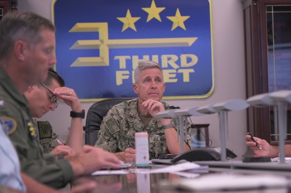 Vice Adm. Steve Koehler, commander, U.S. 3rd Fleet, attends Exercise Rim of the Pacific (RIMPAC) 2022 objectives and overview during the RIMPAC 2022 initial planning conference (IPC) at U.S. 3rd Fleet headquarters.