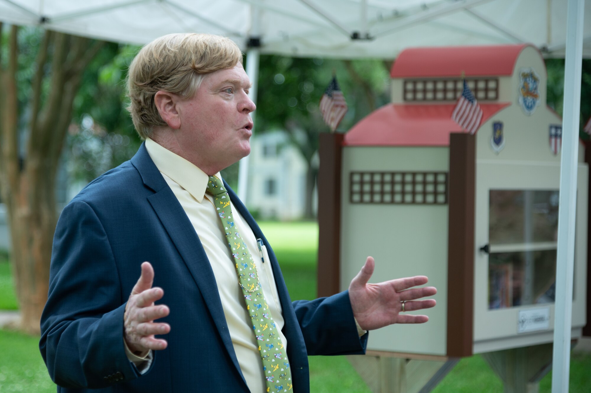 John Cannafax, Air Force Global Strike Command future operations specialist, makes remarks at the new community book exchange box dedication ceremony at Barksdale Air Force Base, June 8, 2021. The exchange box is located on Chennault Avenue and is dedicated to honor Lt. Gen. Claire Chennault’s exemplary service.