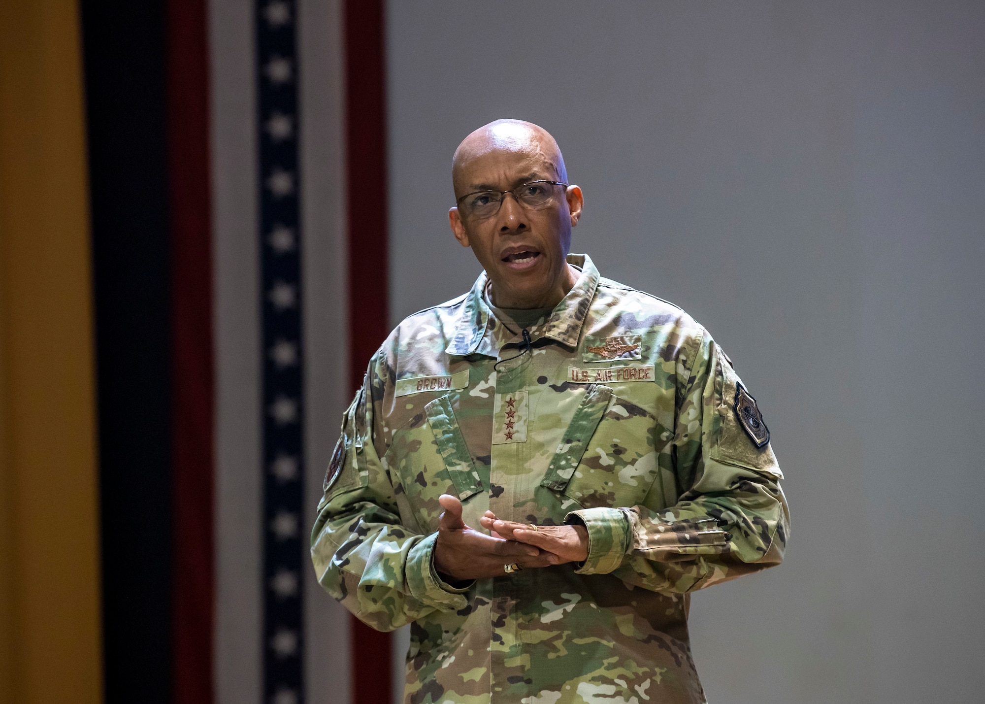 Chief of Staff of the Air Force, Gen. Charles Q. Brown Jr. addresses Team MacDill during an all call at MacDill Air Force Base, Florida, June 11, 2021.