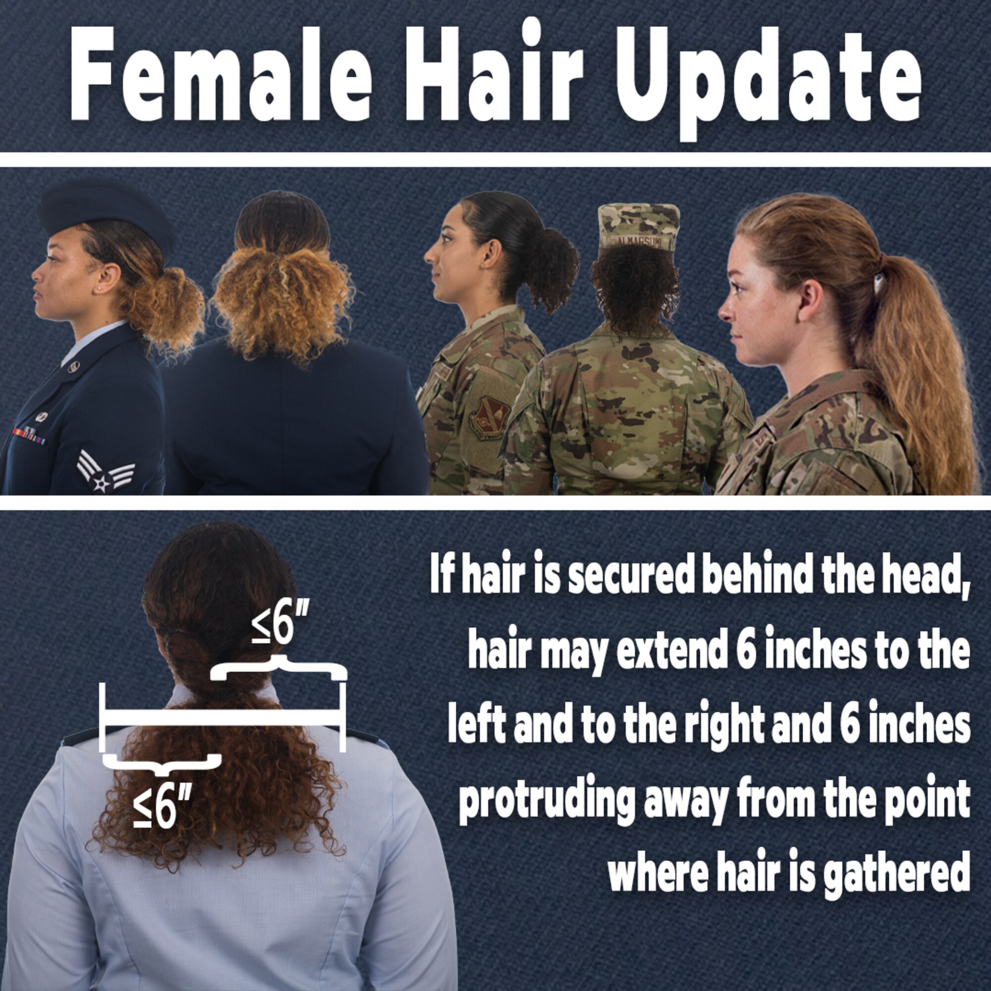 The Air Force revises Air Force Instruction 36-2903 to address differences in hair density and texture June 25, 2021. When hair is secured behind the head, the hair may extend six inches to the left and to the right and six inches protruding from the point where the hair is gathered. The 12-inch total width must allow for proper wear of headgear. (U.S. Air Force graphic)