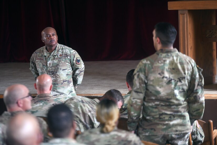 Senior Enlisted Advisor Tony Whitehead, senior enlisted advisor to the chief of the National Guard Bureau, talks with troops at a town hall during Army Gen. Daniel Hokanson's visit with National Guard troops, Powidz, Poland, June 12, 2021.