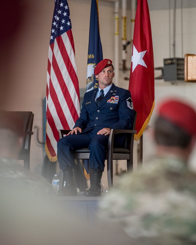 Master Sgt. Daniel Keller, a combat controller in the 123rd Special Tactics Squadron, attends a ceremony to present him with the Airman’s Medal at the Kentucky Air National Guard Base in Louisville, Ky., June 12, 2021. Keller earned the award for heroism in recognition of his actions to save human life following a traffic accident near Louisville in 2018. (U.S. Air National Guard photo by Tech. Sgt. Joshua Horton)