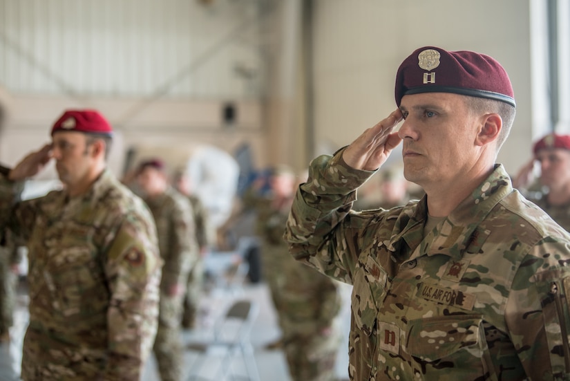 Members of the 123rd Special Tactics Squadron attend a ceremony to bestow the Airman’s Medal on Master Sgt. Daniel Keller, a combat controller in the same unit, during a ceremony at the Kentucky Air National Guard Base in Louisville, Ky., June 12, 2021. Keller earned the award for heroism in recognition of his actions to save human life following a traffic accident near Louisville in 2018. (U.S. Air National Guard photo by Tech. Sgt. Joshua Horton)