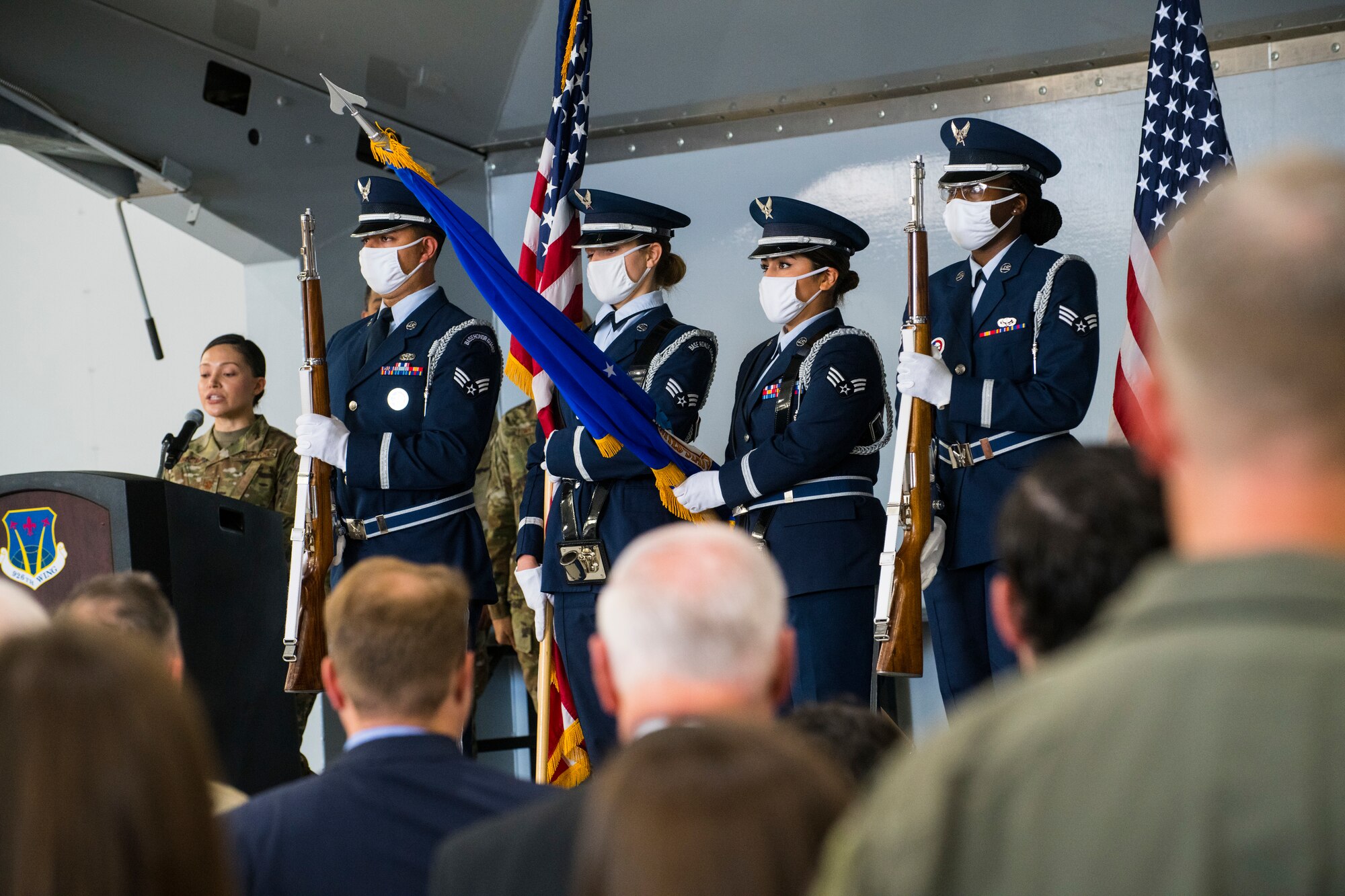 U.S. Air Force honor guard members post the Colors during the 926th Wing change of command ceremony June 13, 2021 at Nellis Air Force Base, Nevada. (U.S. Air Force photo by Senior Airman Brett Clashman)