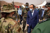 Governor Hassan Khalil, civic leader of Tiznit Province meets with U.S. and Moroccan military leaders at the Military Medical Surgical Field hospital in Tafraoute, Morocco on June 10, 2021 during African Lion 2021.