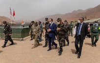 U.S. Air Force Lt. Col. Todd Bingham, commander of the U.S. military humanitarian civic assistance portion of African Lion 2021, meets with Governor Hassan Khalil, civic leader of Tiznit Province at the Military Medical Surgical Field hospital in Tafraoute, Morocco on June 10, 2021 during AL21.