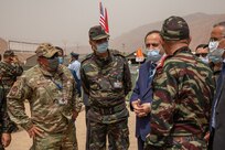 U.S. Air Force Lt. Col. Todd Bingham, commander of the U.S. military humanitarian civic assistance portion of African Lion 2021, meets with Governor Hassan Khalil, civic leader of Tiznit Province at the Military Medical Surgical Field hospital in Tafraoute, Morocco on June 10, 2021 during AL21.