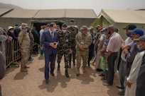 U.S. Air Force Lt. Col. Todd Bingham, commander of the U.S. military humanitarian civic assistance portion of African Lion 2021, meets with Governor Hassan Khalil, civic leader of Tiznit Province at the Military Medical Surgical Field hospital in Tafraoute, Morocco on June 10, 2021 during AL21