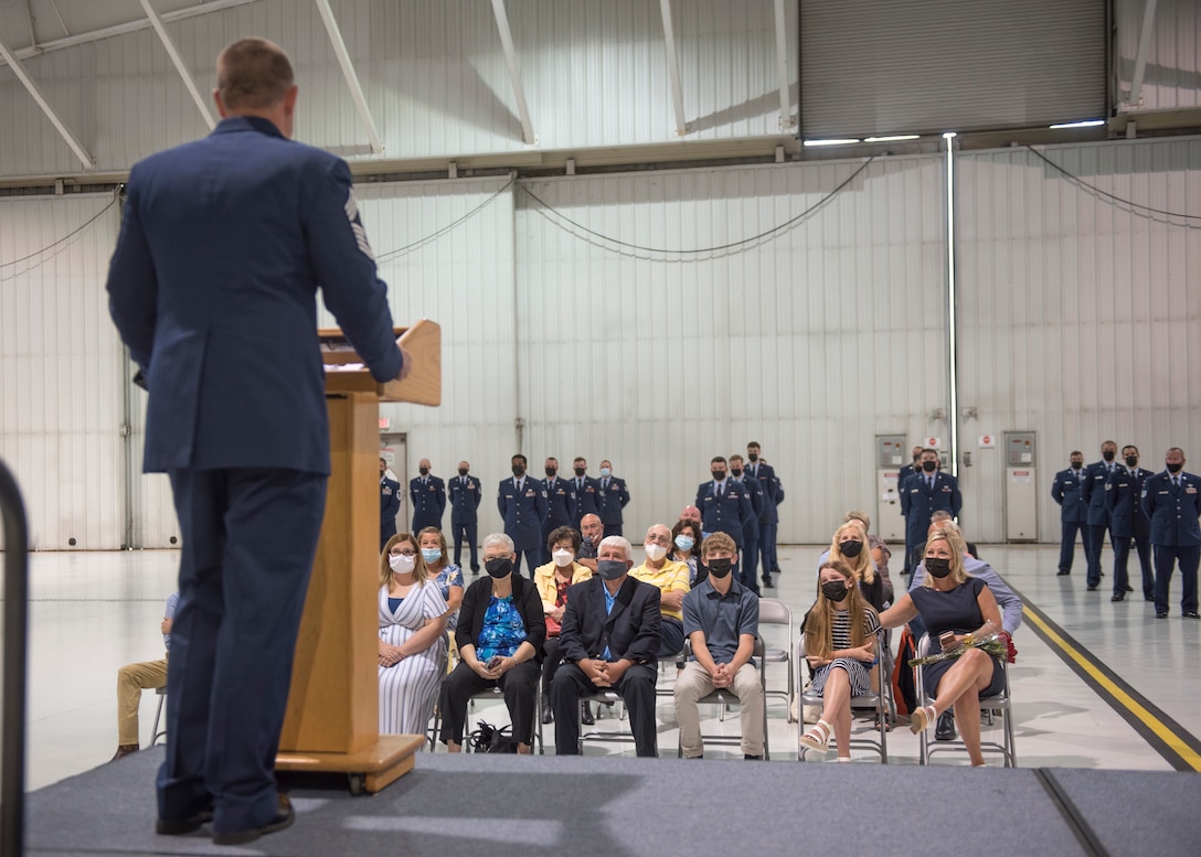 Chief Master Sgt. Shaun P. Cecil, chief enlisted manager for the 123rd Civil Engineer Squadron, speaks to audience members during his retirement ceremony April 10, 2021, at the Kentucky Air National Guard Base in Louisville, Ky. Cecil's career spanned 24 years. (U.S. Air National Guard photo by Staff Sgt. Clayton Wear)