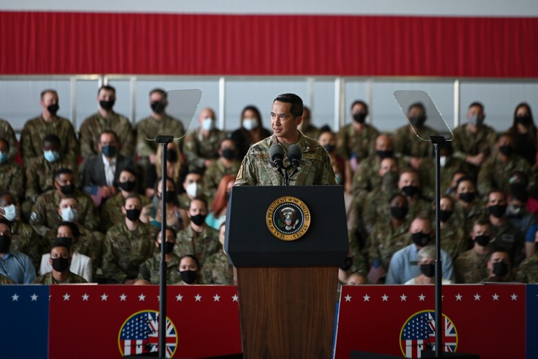 U.S. Air Force Col. Troy Pananon, 100th Air Refueling Wing commander, gives opening remarks to members of the tri-base area at Royal Air Force Mildenhall, United Kingdom, June 9, 2021.