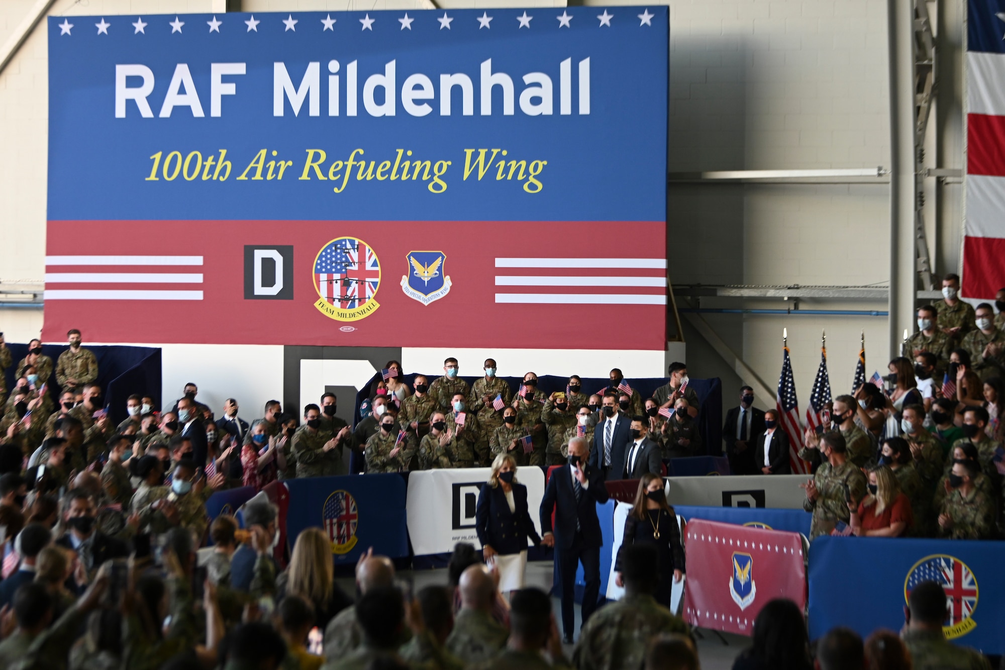 President Joe Biden and First Lady Dr. Jill Biden are welcomed by members of the tri-base area at Royal Air Force Mildenhall, June 9, 2021.