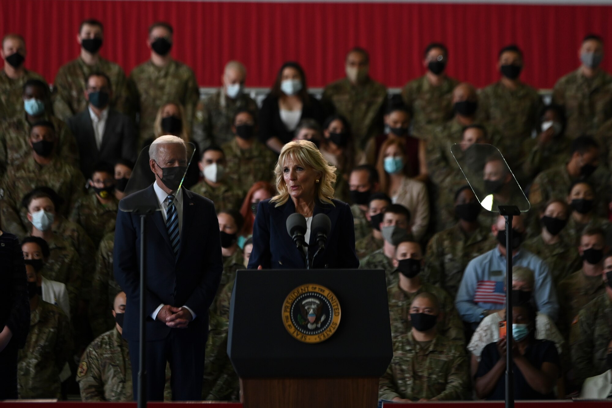 First Lady Dr. Jill Biden addresses members of the tri-base area at Royal Air Force Mildenhall, United Kingdom, June 9, 2021.