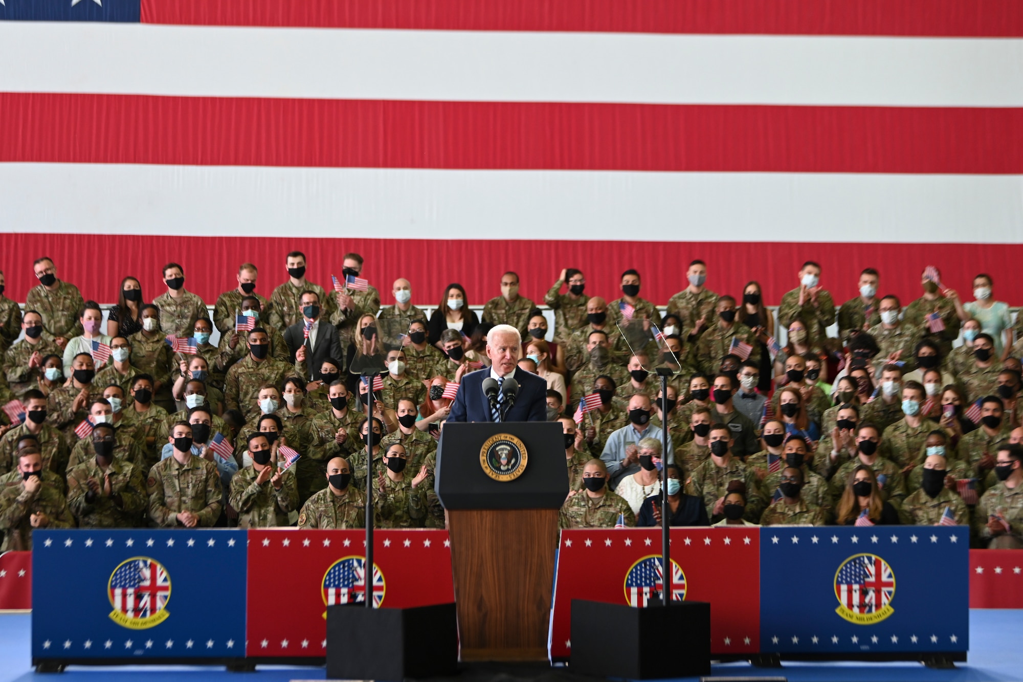 President Joe Biden greets the troops at Royal Air Force, Mildenhall, June 9, 2021.