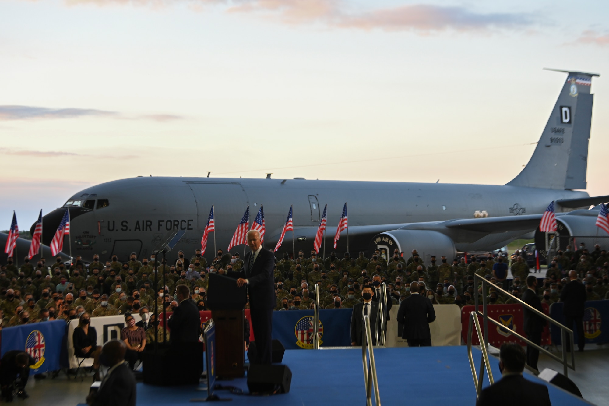 President Joe Biden addresses members of the tri-base area at Royal Air Force Mildenhall, United Kingdom, June 9, 2021.