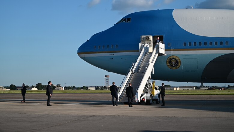 resident Joe Biden departs Air Force One at Royal Air Force Mildenhall, United Kingdom, June 9, 2021.