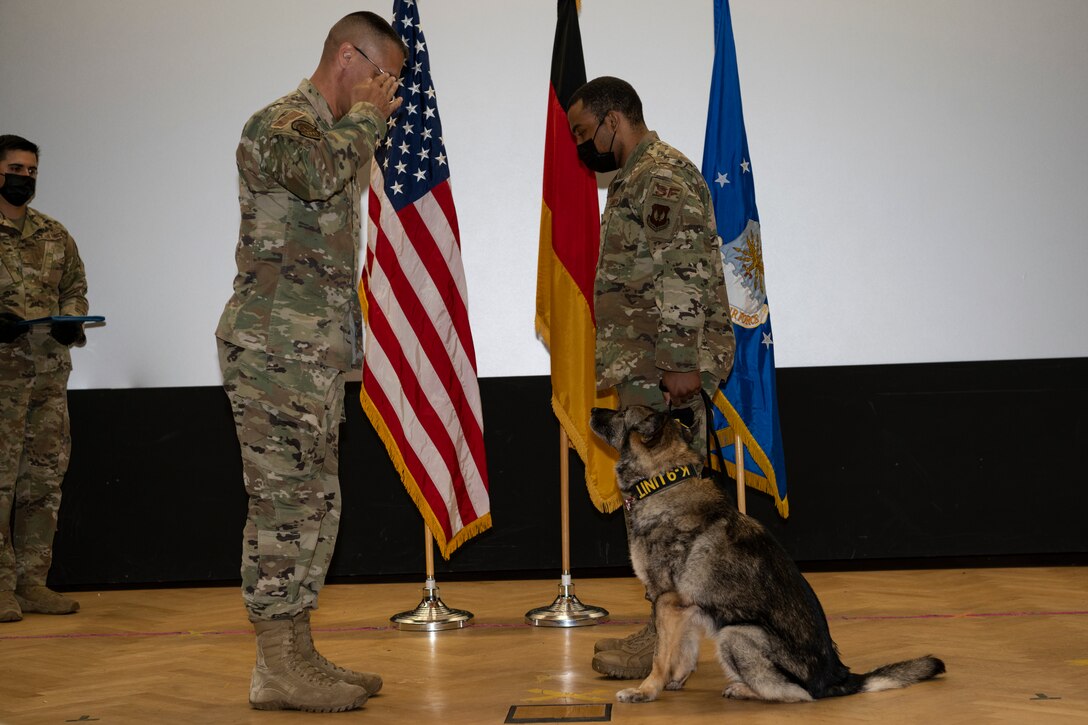 Security Forces commander salutes retiring military working dog.