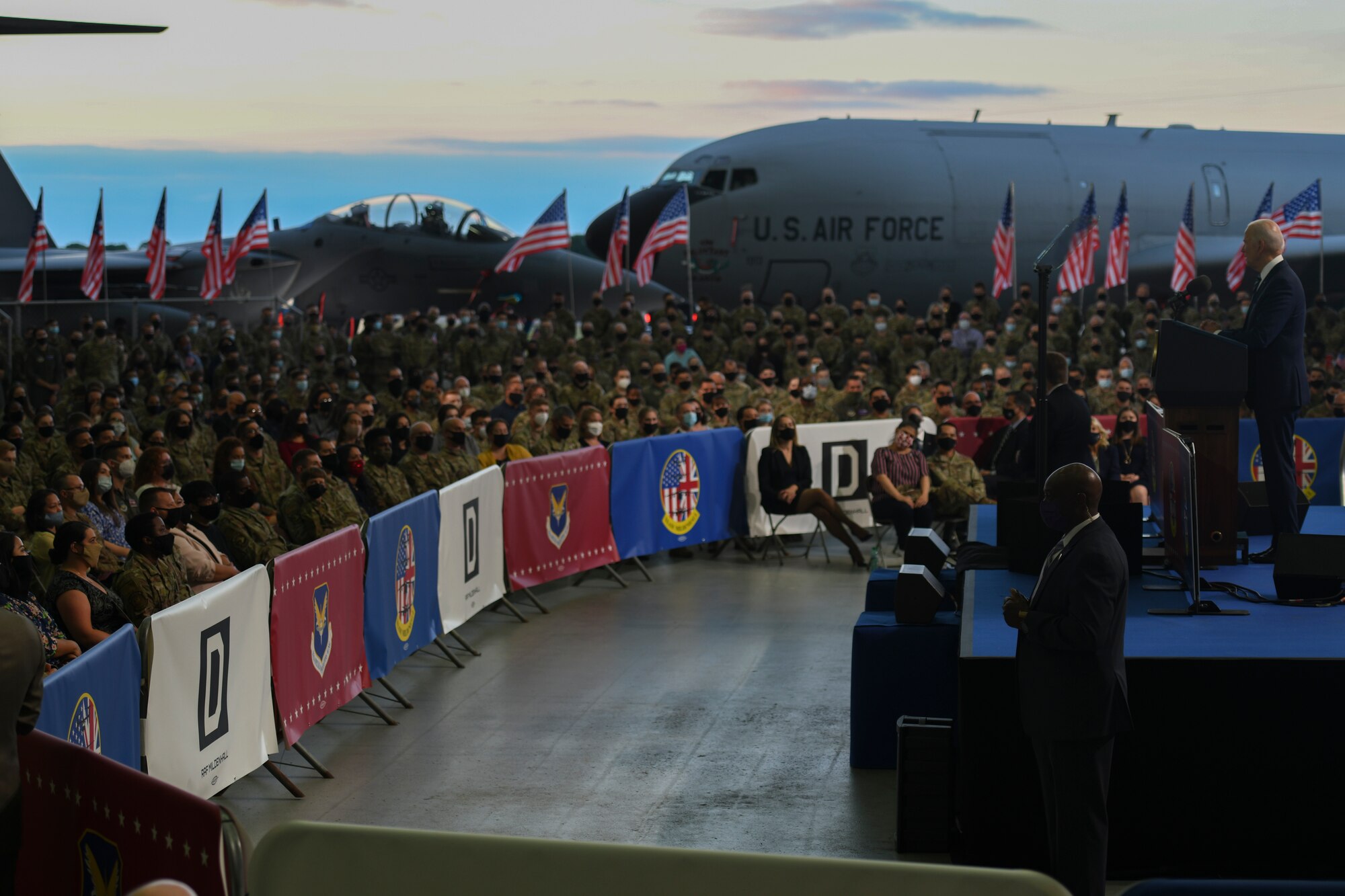 President Joe Biden addresses members of the tri-base area at Royal Air Force Mildenhall, United Kingdom, June 9, 2021.