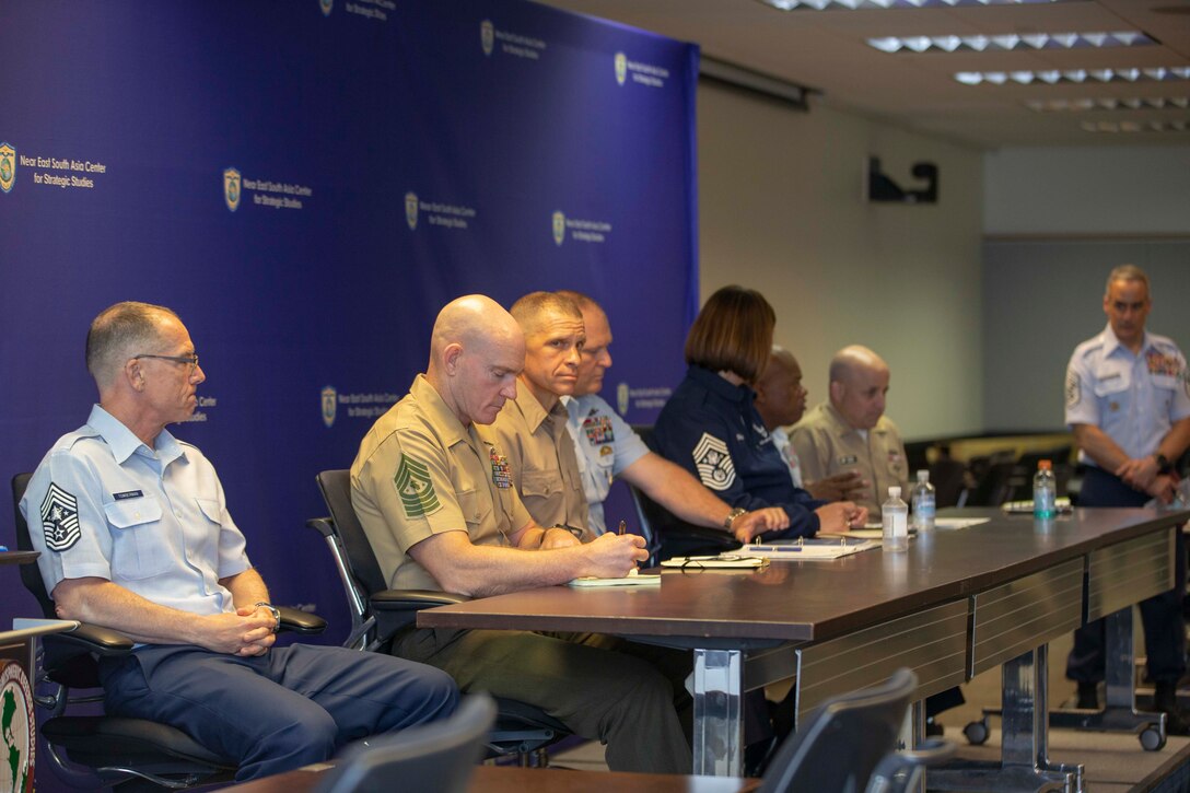 The 19th Sergeant Major of the Marine Corps, Sgt. Maj. Troy E. Black, sits on a Senior Enlisted Advisor (SEA) panel supporting Keystone at the National Defense University at Ft. McNair, District of Columbia, June 7, 2021. The Sergeant Major of the Marine Corps addressed questions with the support of his fellow SEA’s, posed by Keystone students. The Keystone Course will educate Command Senior Enlisted Leaders currently serving in or slated to serve in a general or flag officer level joint headquarters or Service headquarters that could be assigned as a joint task force. (U.S. Marine Corps photo by Sgt. Victoria Ross)