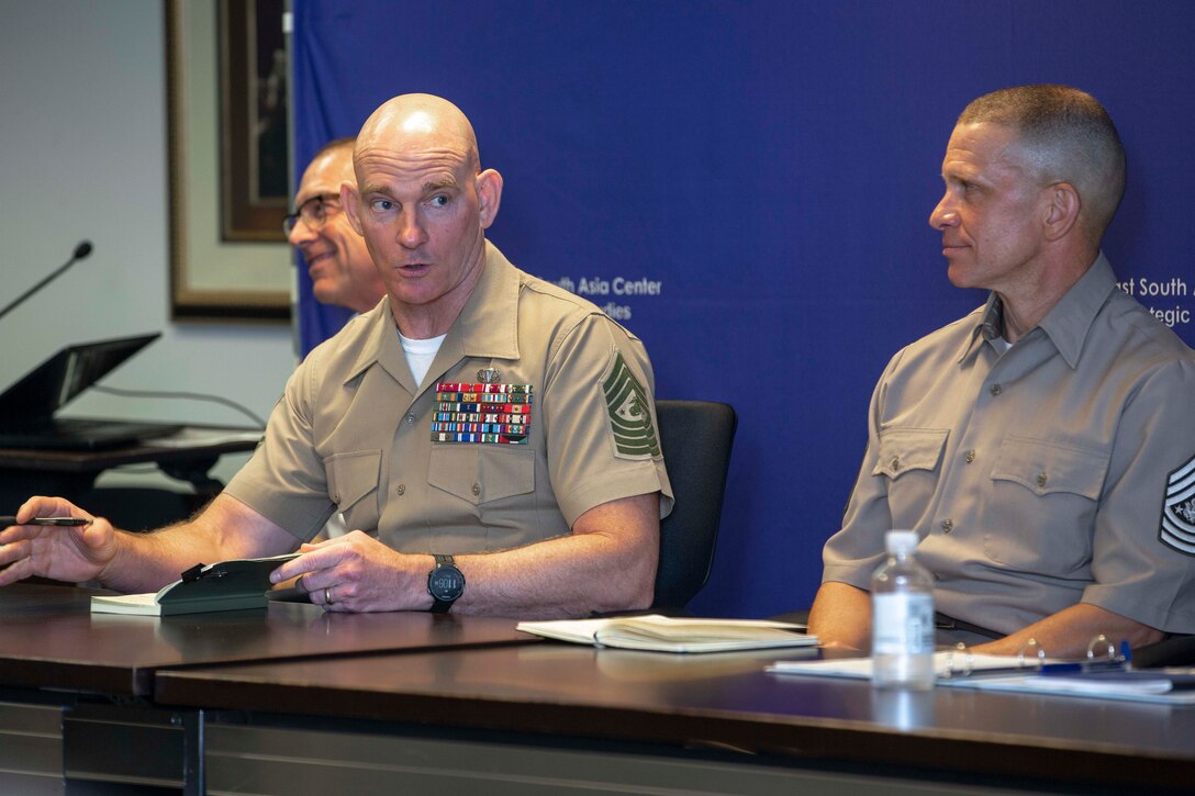 The 19th Sergeant Major of the Marine Corps, Sgt. Maj. Troy E. Black, sits on a Senior Enlisted Advisor (SEA) panel supporting Keystone at the National Defense University at Ft. McNair, District of Columbia, June 7, 2021. The Sergeant Major of the Marine Corps addressed questions with the support of his fellow SEA’s, posed by Keystone students. The Keystone Course will educate Command Senior Enlisted Leaders currently serving in or slated to serve in a general or flag officer level joint headquarters or Service headquarters that could be assigned as a joint task force. (U.S. Marine Corps photo by Sgt. Victoria Ross)