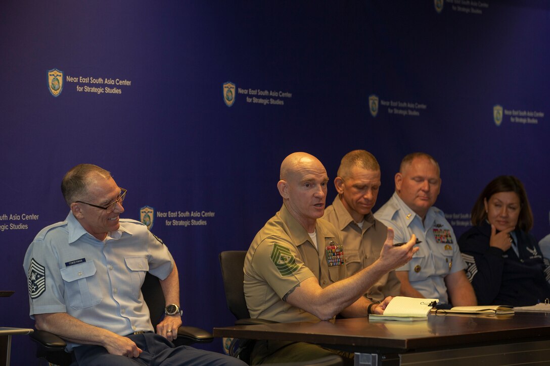 The 19th Sergeant Major of the Marine Corps, Sgt. Maj. Troy E. Black, sits on a Senior Enlisted Advisor (SEA) panel supporting Keystone at the National Defense University at Ft. McNair, District of Columbia, June 7, 2021. The Sergeant Major of the Marine Corps addressed questions with the support of his fellow SEA’s, posed by Keystone students. The Keystone Course will educate Command Senior Enlisted Leaders currently serving in or slated to serve in a general or flag officer level joint headquarters or Service headquarters that could be assigned as a joint task force. (U.S. Marine Corps photo by Sgt. Victoria Ross)