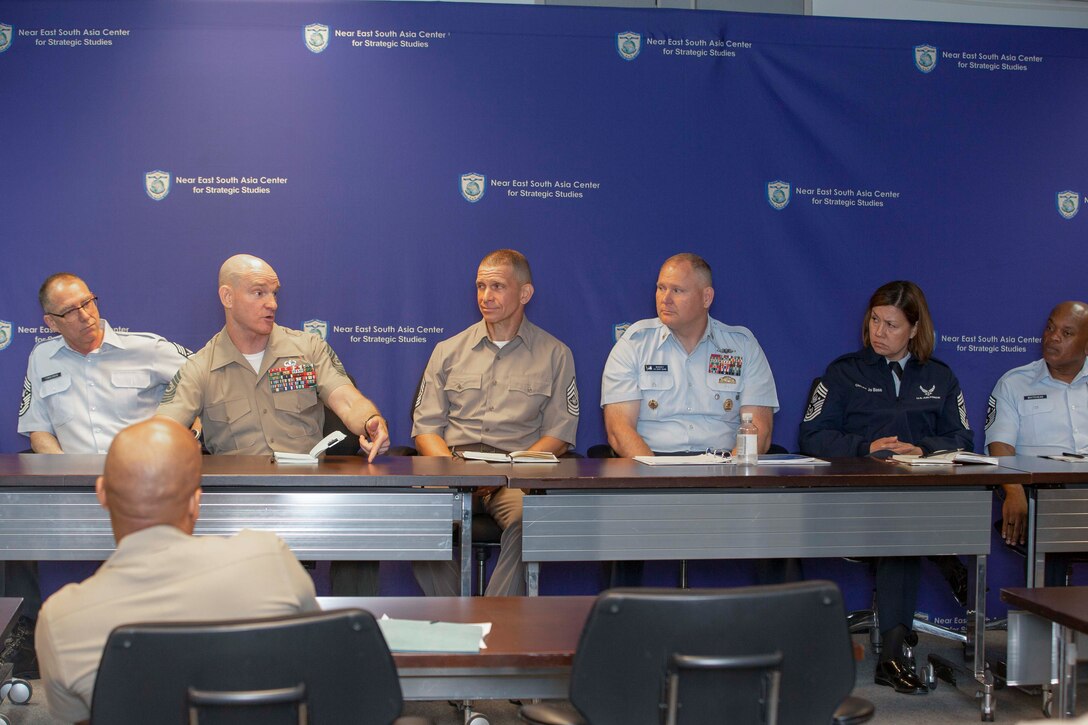 The 19th Sergeant Major of the Marine Corps, Sgt. Maj. Troy E. Black, sits on a Senior Enlisted Advisor (SEA) panel supporting Keystone at the National Defense University at Ft. McNair, District of Columbia, June 7, 2021. The Sergeant Major of the Marine Corps addressed questions with the support of his fellow SEA’s, posed by Keystone students. The Keystone Course will educate Command Senior Enlisted Leaders currently serving in or slated to serve in a general or flag officer level joint headquarters or Service headquarters that could be assigned as a joint task force. (U.S. Marine Corps photo by Sgt. Victoria Ross)