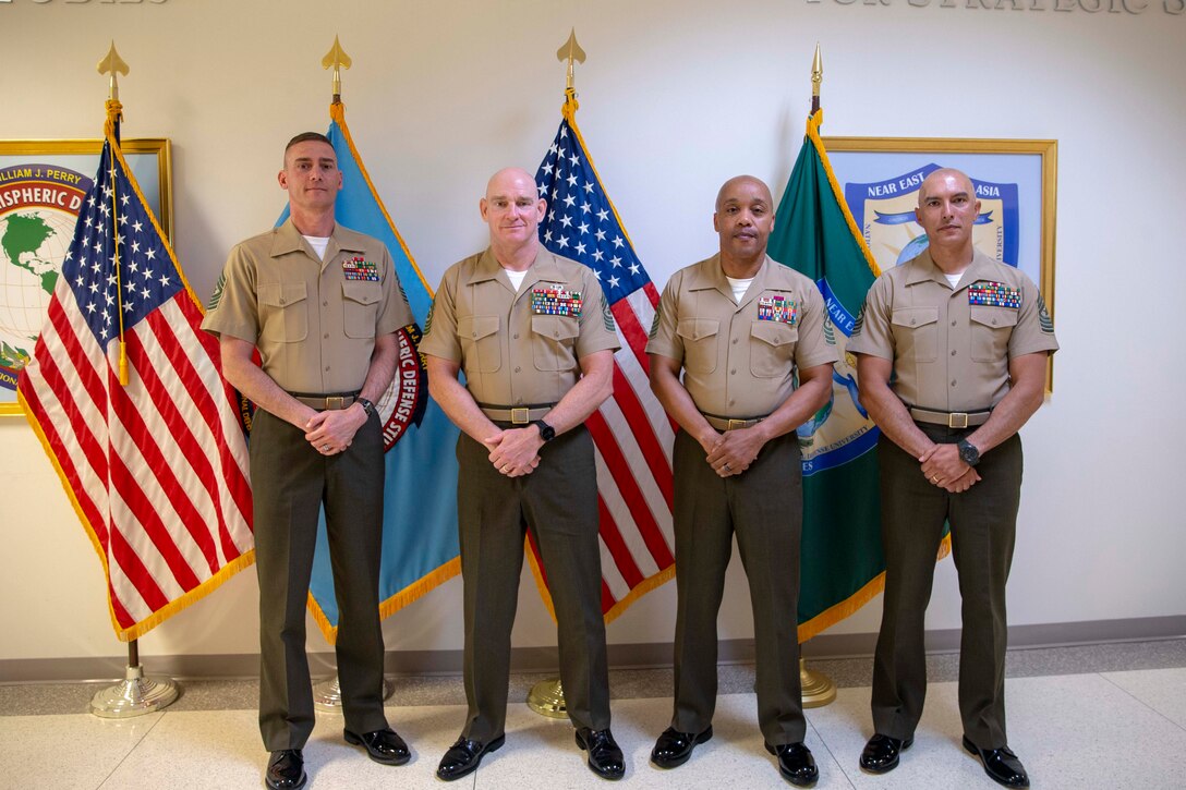 The 19th Sergeant Major of the Marine Corps, Sgt. Maj. Troy E. Black, sits on a Senior Enlisted Advisor (SEA) panel supporting Keystone at the National Defense University at Ft. McNair, District of Columbia, June 7, 2021. The Sergeant Major of the Marine Corps addressed questions with the support of his fellow SEA’s, posed by Keystone students. The Keystone Course will educate Command Senior Enlisted Leaders currently serving in or slated to serve in a general or flag officer level joint headquarters or Service headquarters that could be assigned as a joint task force. (U.S. Marine Corps photo by Sgt. Victoria Ross)