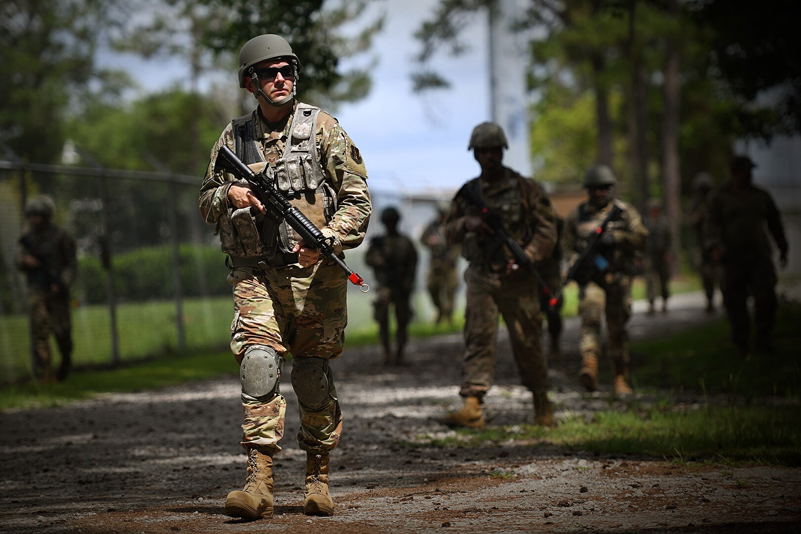 Staff Sgt. Jacob Tapley, 159th Civil Engineer Squadron, takes part in dismounted patrol tactics as part of basic combat skills training at the Air Dominance Center in Savannah, Ga., June 7, 2021. The training was led by the 159th Security Forces Squadron as part of unit operations readiness.