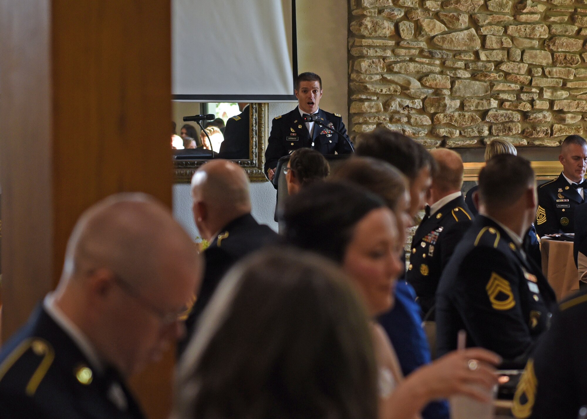 U.S. Army Lt. Col. Joseph Garwacki, 344th Military Intelligence Battalion commander, speaks during the 246th Army Birthday Ball Restoration Celebration at the Bentwood Country Club in San Angelo, Texas, June 11, 2021. The ball was held to honor those who led daily operations throughout the pandemic, such as frontline medical workers, the Soldiers and the San Angelo community. (U.S. Air Force photo by Senior Airman Abbey Rieves)