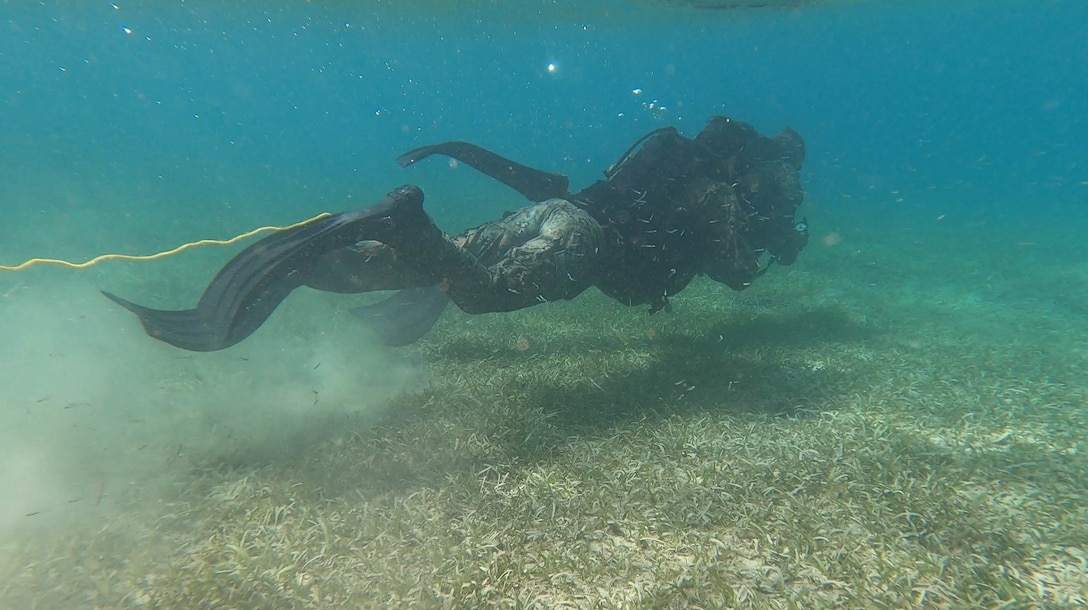 A U.S. Marine with 2d Reconnaissance Battalion (2d Recon), 2d Marine Division, participates in a dive during a water navigation course during Exercise Caribbean Coastal Warrior on Savaneta Kamp, Aruba, June 10, 2021. The exercise allows 2d Recon to expand its knowledge and proficiency when operating in littoral and coastal regions while increasing global interoperability with 32nd Raiding Squadron, Netherlands Marine Corps. (U.S. Marine Corps Lance Cpl. Jennifer E. Reyes)