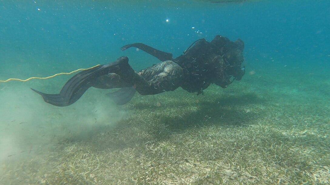 A U.S. Marine with 2d Reconnaissance Battalion (2d Recon), 2d Marine Division, participates in a dive during a water navigation course during Exercise Caribbean Coastal Warrior on Savaneta Kamp, Aruba, June 10, 2021.
